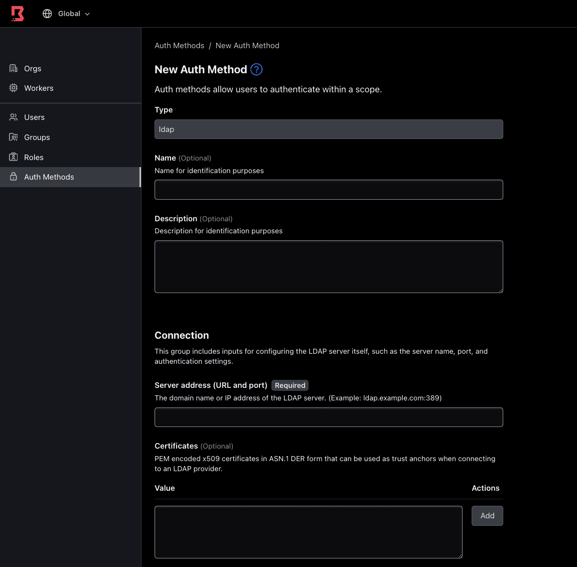 Admin Console new LDAP auth method form