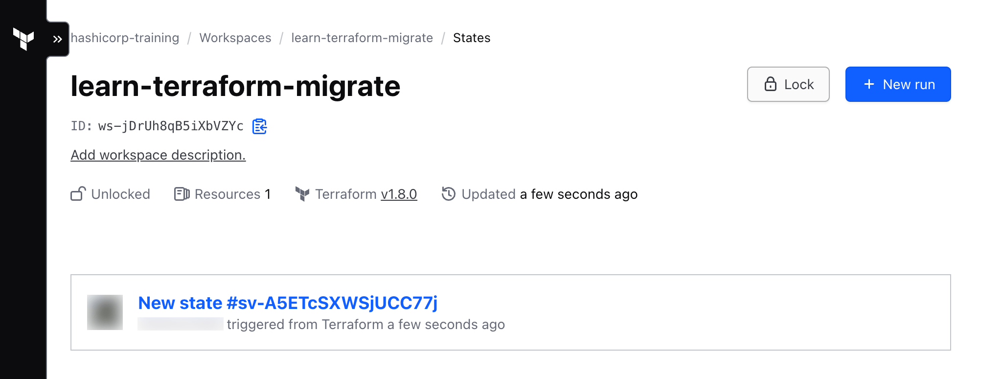 A view of the "States" tab in the HCP Terraform workspace