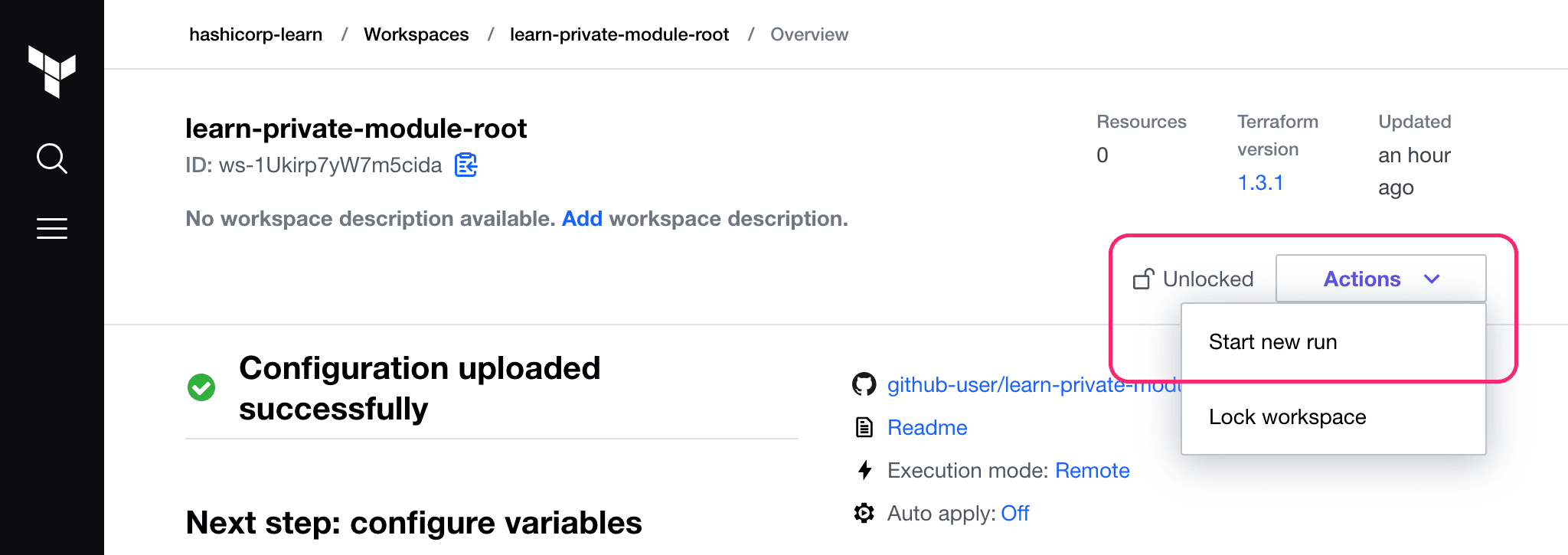 Start a new plan in the HCP Terraform UI