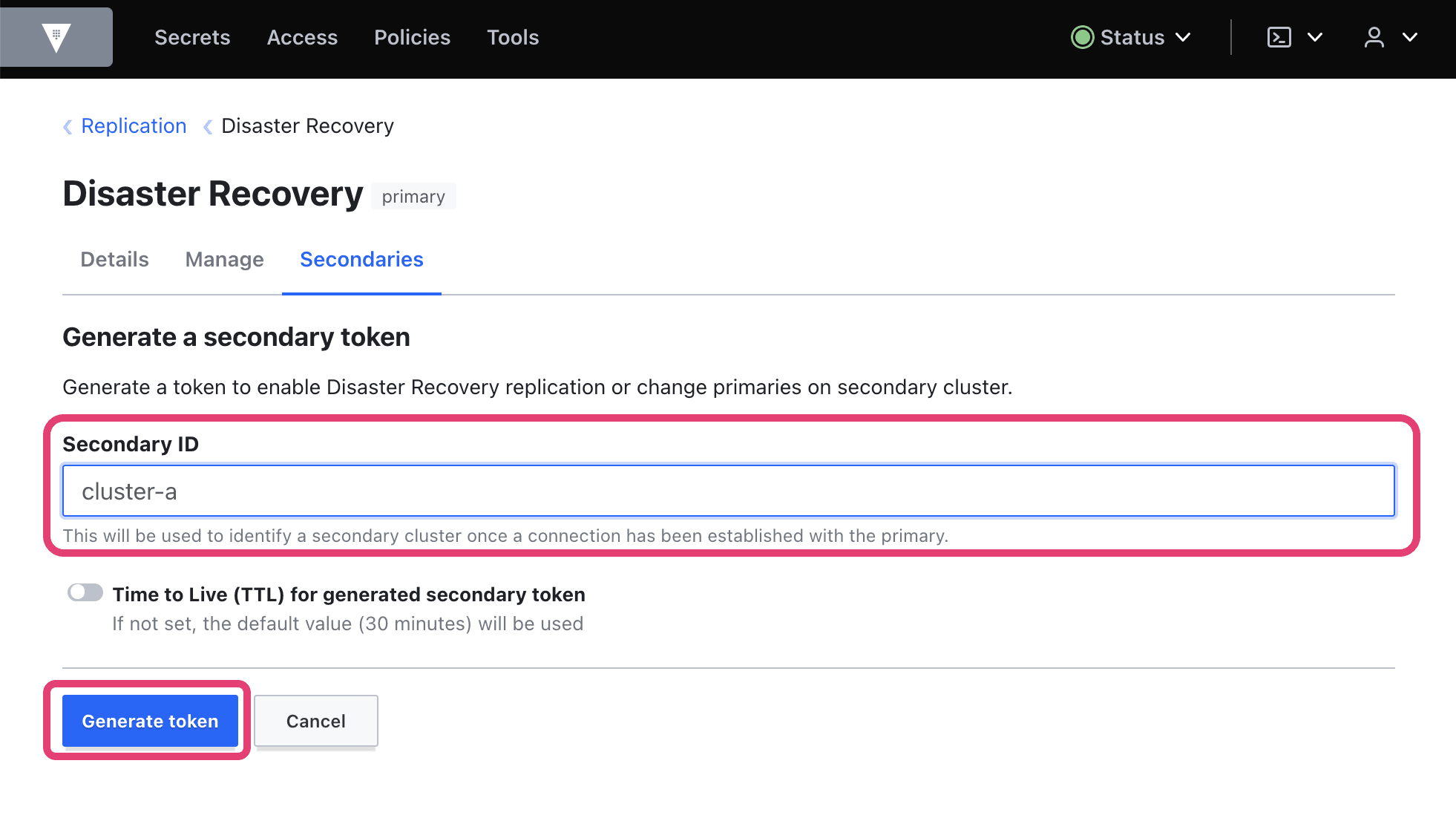 Generate secondary token