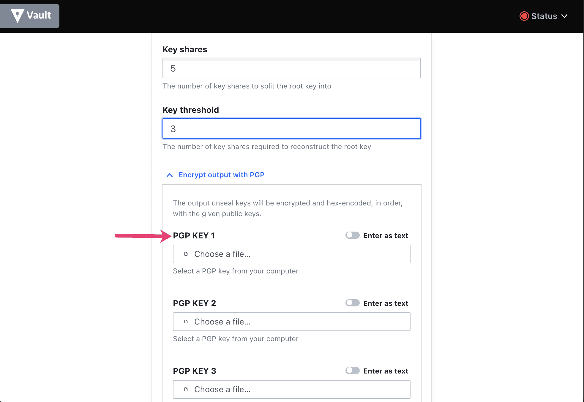 Screenshot of Vault UI showing PGP encrypted key shares and threshold
